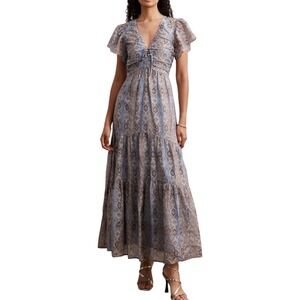 Paige Kinga Maxi Dress Womens 10  Silk Blue Brown Tiered Flutter Sleeve